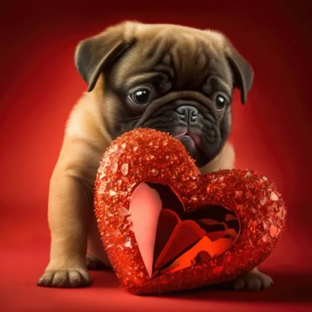 Pug puppy with a glittery red heart, perfect for Valentine's projects.