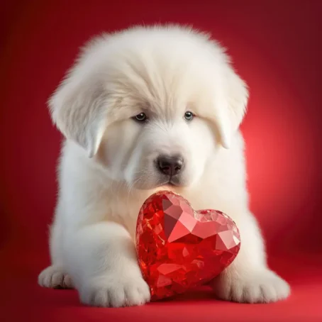 Pyrenean Mountain Dog puppy with a ruby heart for Valentine's projects.