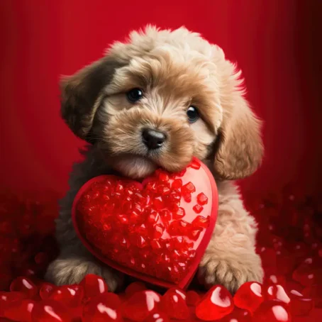 Cavapoo puppy holding a textured red heart for Valentine's Day decor.