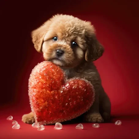 Cavapoo puppy posing with a glittery red heart for Valentine's projects.