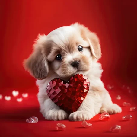 Cream-colored puppy holding a ruby heart for Valentine's Day decor.