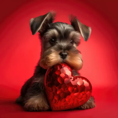 Miniature Schnauzer puppy posing with a red heart for Valentine's projects.